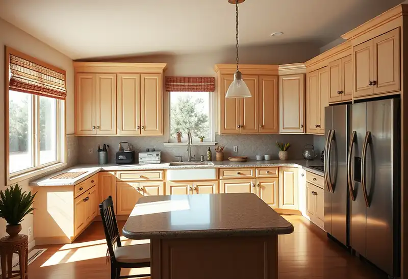 Illustration of kitchen with shaker cabinets and an island in a 1994-era home